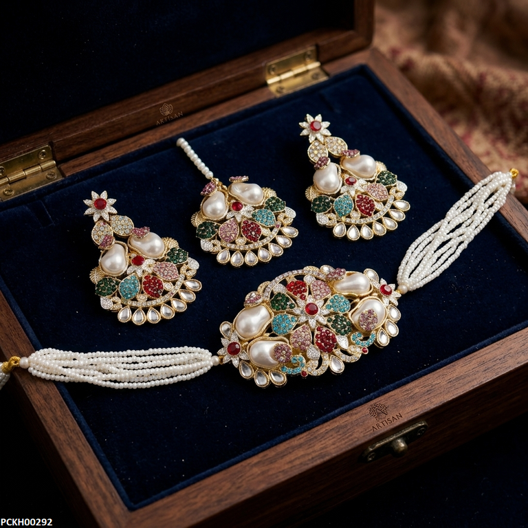 PCKH00292 SDQ Multi Flower Pearl  Choker Set - PCKH