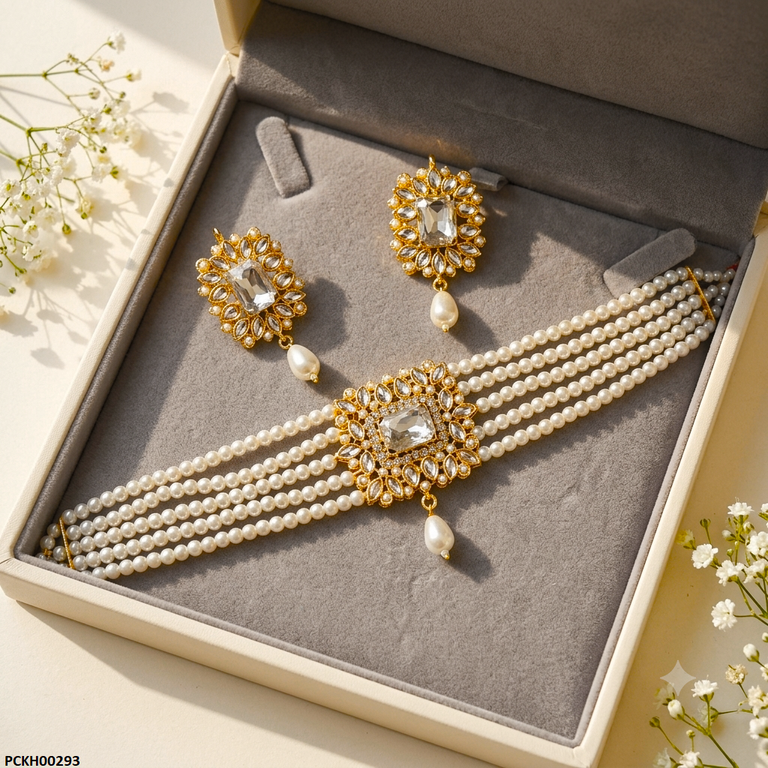 PCKH00293 MZM Square Stone Pearl Drop -Choker Set