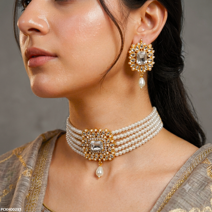PCKH00293 MZM Square Stone Pearl Drop -Choker Set