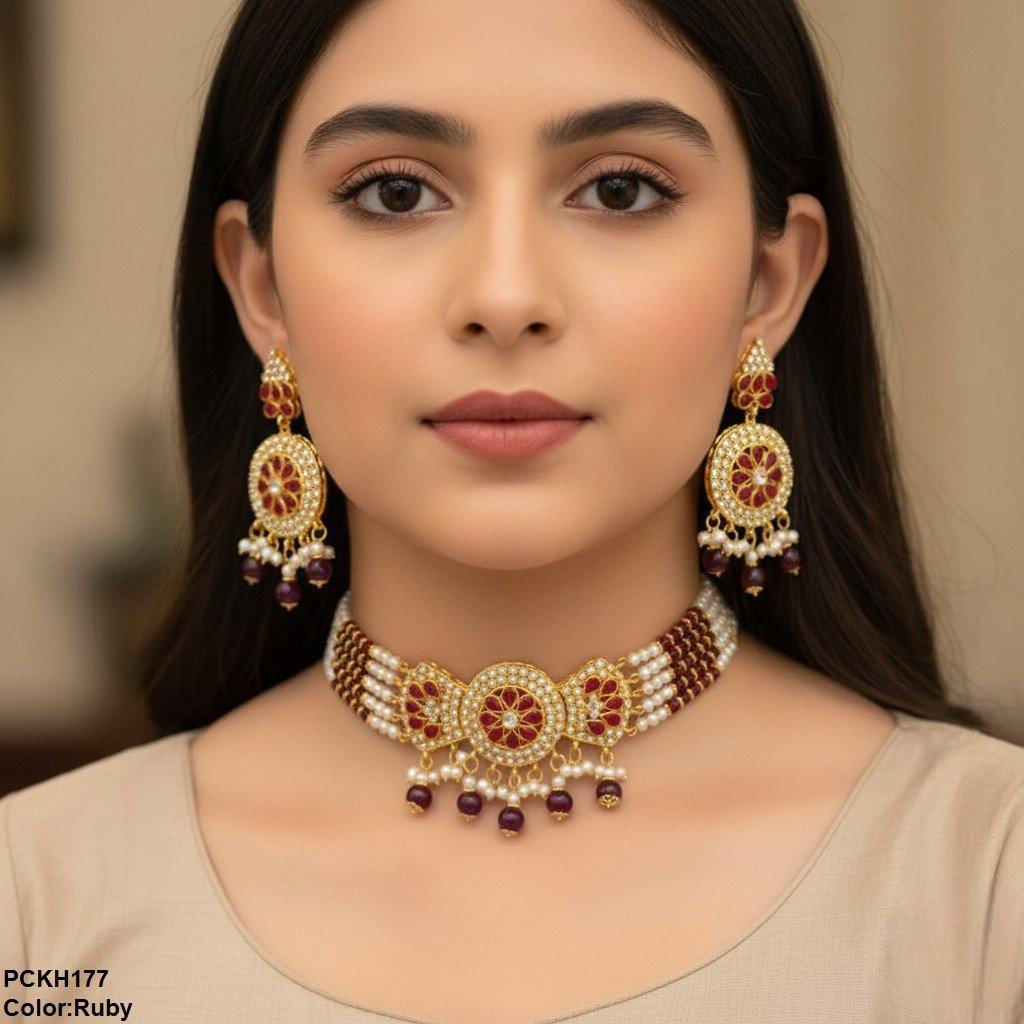 PCKH177 SDQ Pear Flower Bow Chokar Set