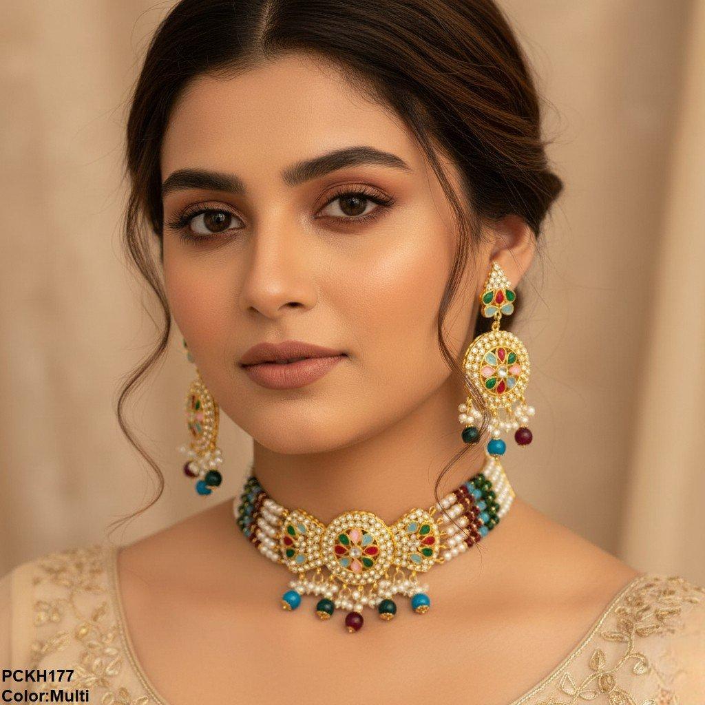 PCKH177 SDQ Pear Flower Bow Chokar Set