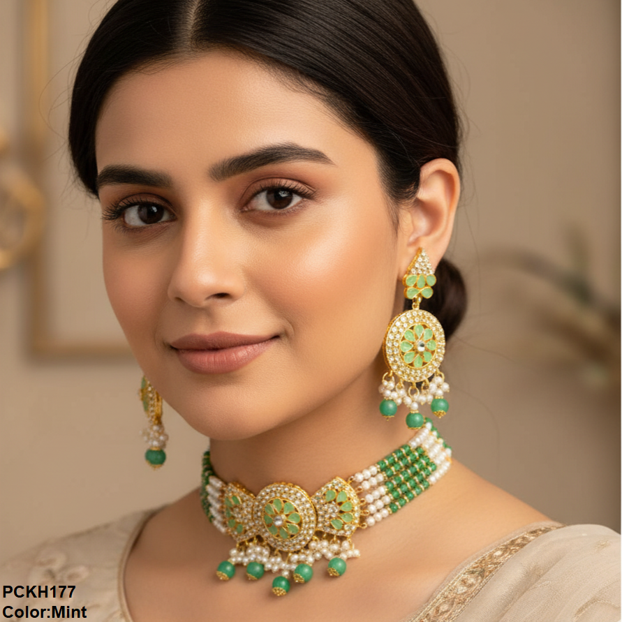 PCKH177 SDQ Pear Flower Bow Chokar Set