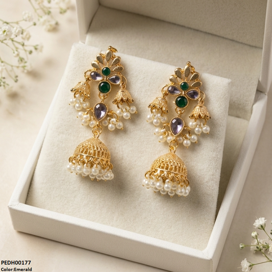 PEDH00177 SDQ Flower Jhumki Drop Earrings - PEDH