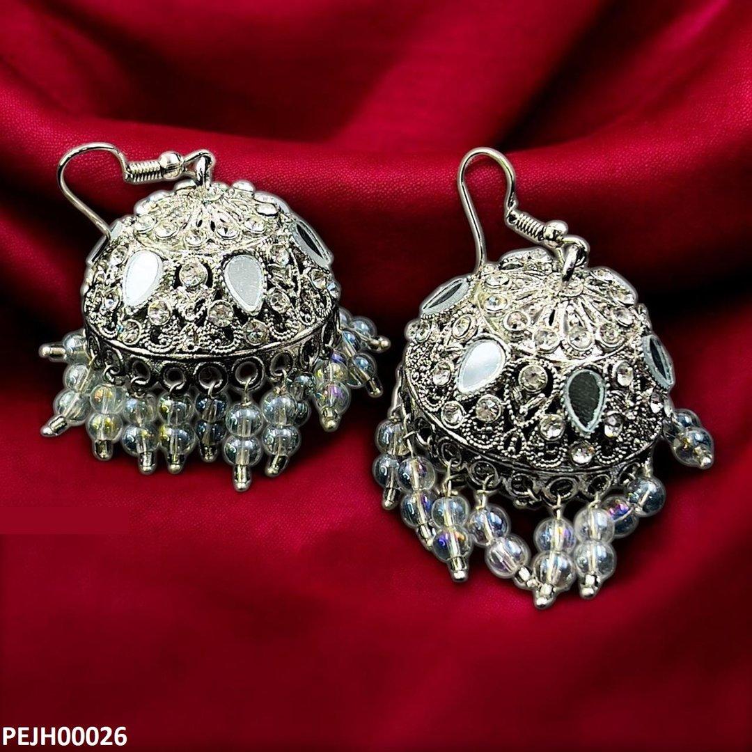 PEJH00026 FRN Tear Round Stone Silver Jhumki - PEJH