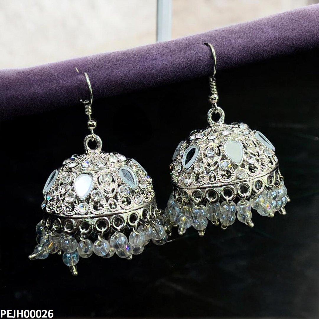 PEJH00026 FRN Tear Round Stone Silver Jhumki - PEJH