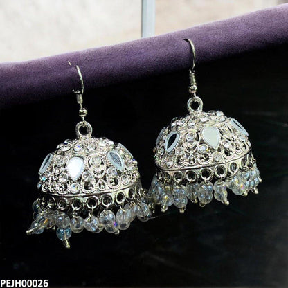 PEJH00026 FRN Tear Round Stone Silver Jhumki - PEJH