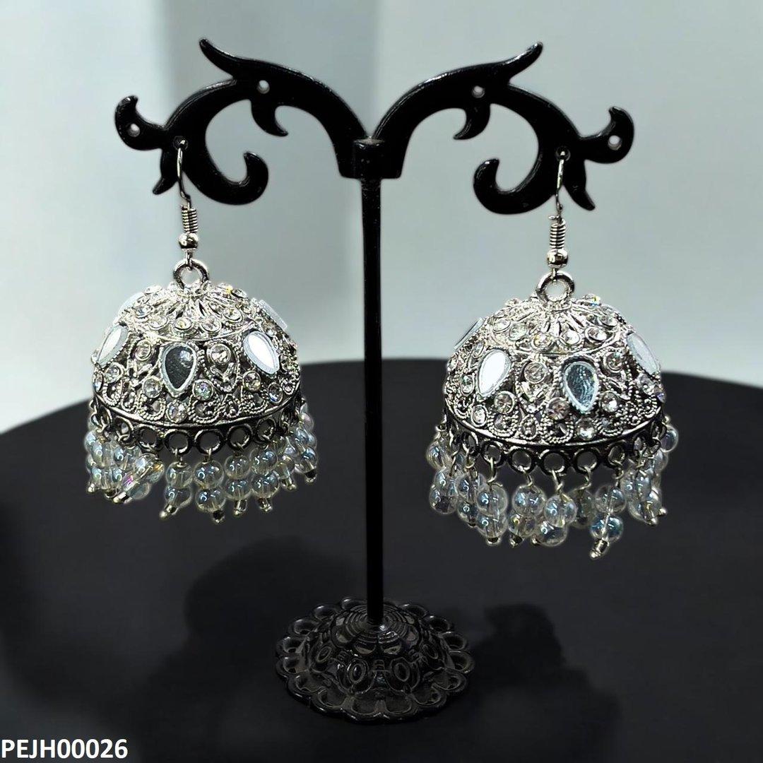 PEJH00026 FRN Tear Round Stone Silver Jhumki - PEJH