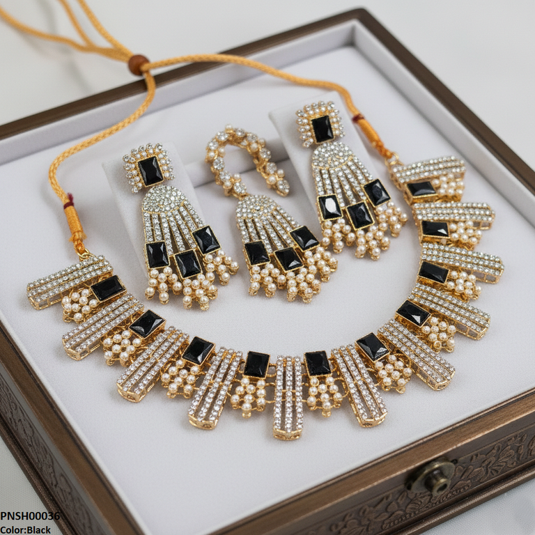 PNSH00036 MZM Rectangle Pearl  Necklace Set - PNSH