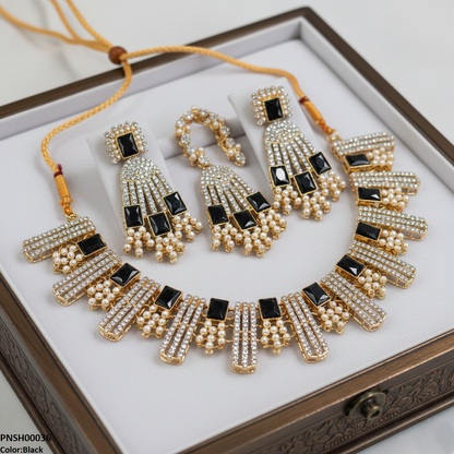 PNSH00036 MZM Rectangle Pearl  Necklace Set - PNSH