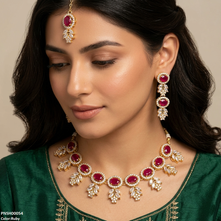 PNSH00054 FRN Round Marquise Stone Necklace Set - PNSH