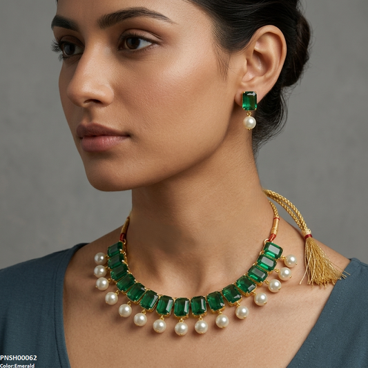 PNSH00062 ABD Rectangle Pearl Drop Necklace Set - PNSH