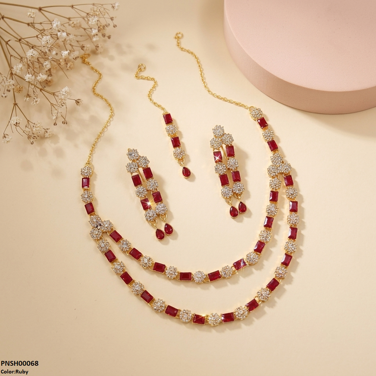 PNSH00068  FRN Rectangle/Double Layer Necklace Set - PNSH