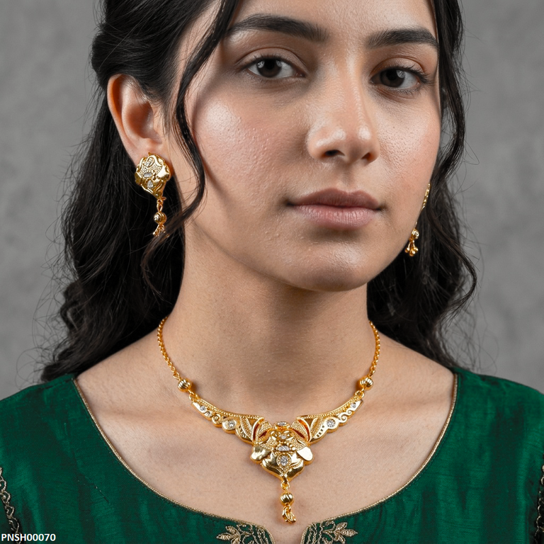 PNSH00070 FRN Flower Filligree Round Drop Necklace Set - PNSH