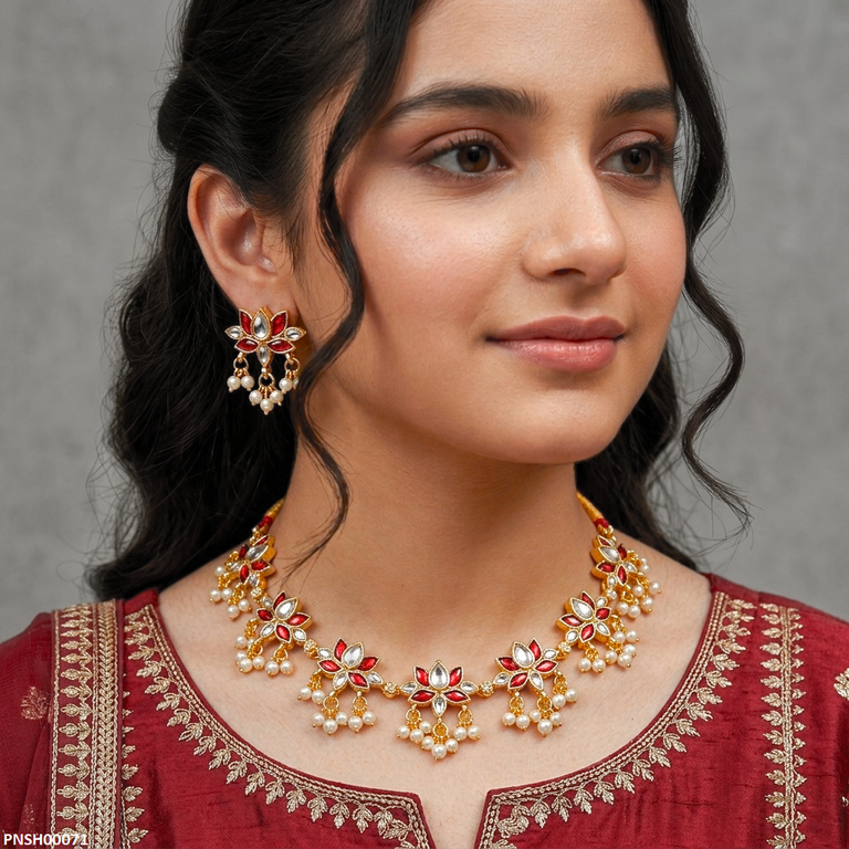 PNSH00071 ABD Tear Flower Pearl Drop Necklace Set - PNSH