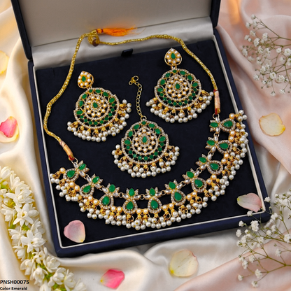 PNSH00075 FRN Tear Flower Pearl Drop Necklace Set - PNSH