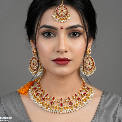 PNSH00075 FRN Tear Flower Pearl Drop Necklace Set - PNSH