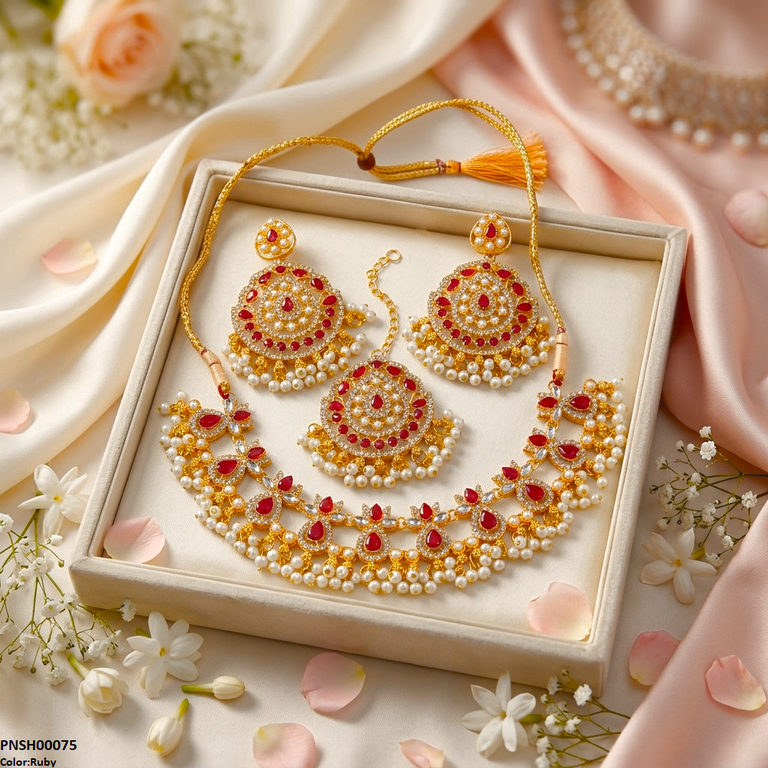 PNSH00075 FRN Tear Flower Pearl Drop Necklace Set - PNSH