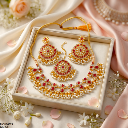 PNSH00075 FRN Tear Flower Pearl Drop Necklace Set - PNSH
