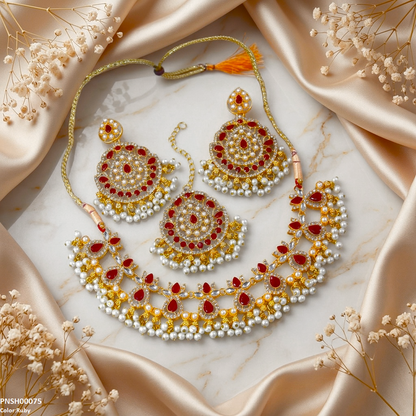PNSH00075 FRN Tear Flower Pearl Drop Necklace Set - PNSH