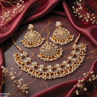 PNSH00075 FRN Tear Flower Pearl Drop Necklace Set - PNSH