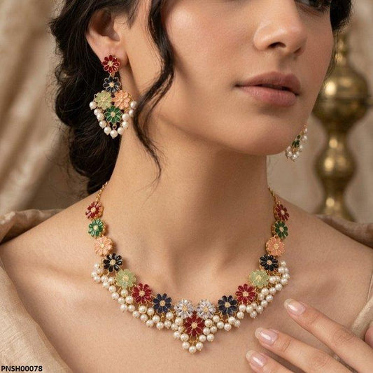 PNSH00078 FRN Multi Flower Pearl Drop  Necklace Set - PNSH