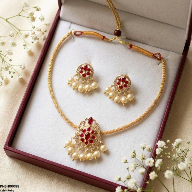 PNSH00088 SDQ Round Pearl Drop Necklace Set - PNSH