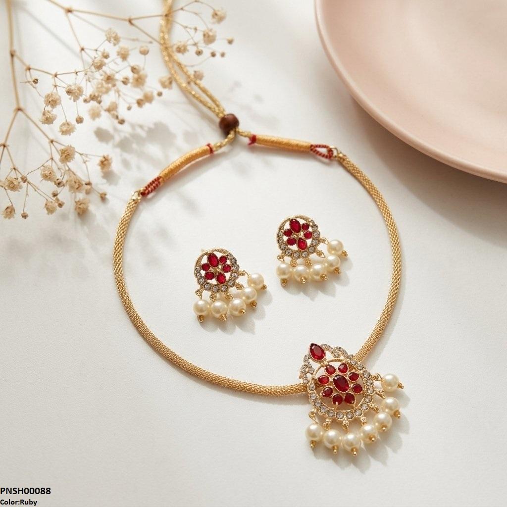 PNSH00088 SDQ Round Pearl Drop Necklace Set - PNSH