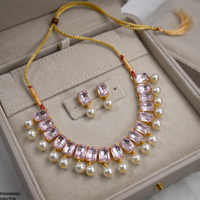 PNSH00062 ABD Rectangle Pearl Drop Necklace Set - PNSH