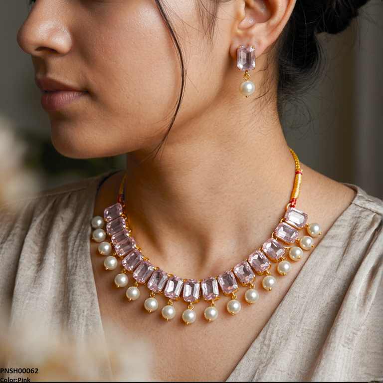 PNSH00062 ABD Rectangle Pearl Drop Necklace Set - PNSH