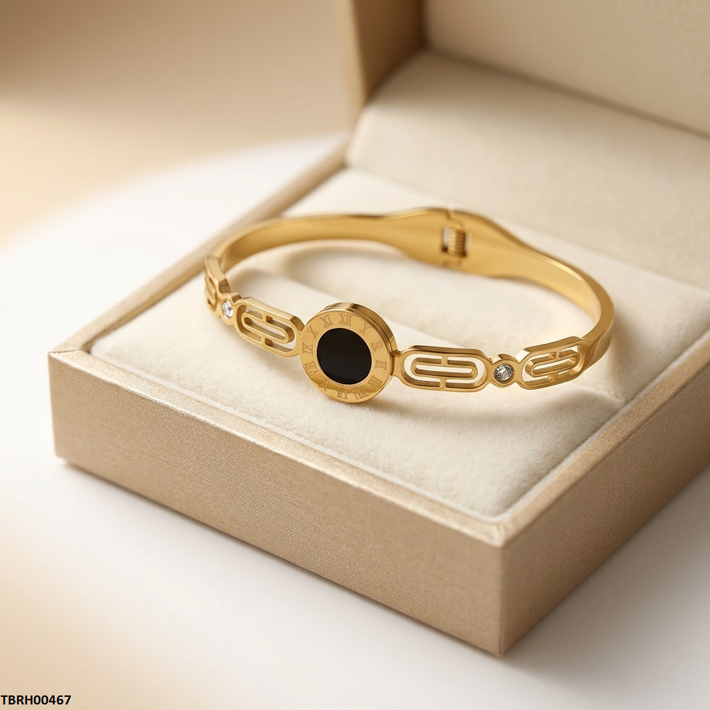 TBRH00467 MSJ  Stainless Steel Round Black Stone Braclet-TBRH