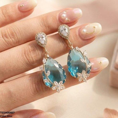 TEDH00467 QSJ Flower/Double Tear Drop Zircon Earrings - TEDH