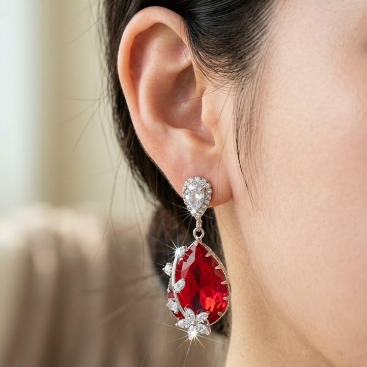 TEDH00468 QSJ Flower/Double Tear Drop Zircon Earrings - TEDH
