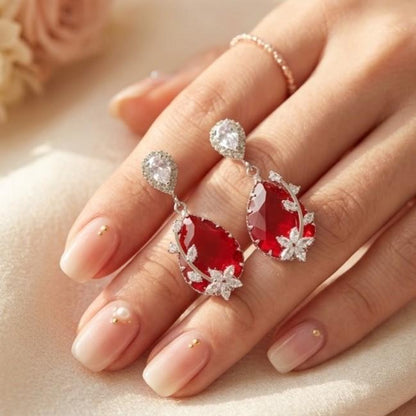 TEDH00468 QSJ Flower/Double Tear Drop Zircon Earrings - TEDH