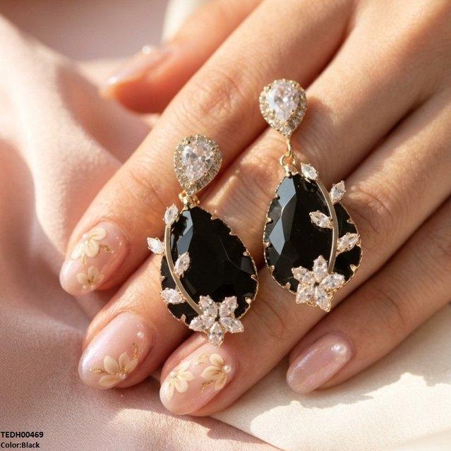 TEDH00469 QSJ Flower/Double Tear Drop Zircon Earrings - TEDH