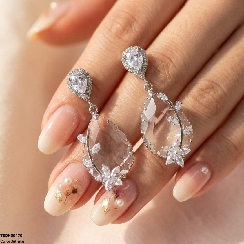 TEDH00470 QSJ Flower/Double Tear Drop Zircon Earrings - TEDH
