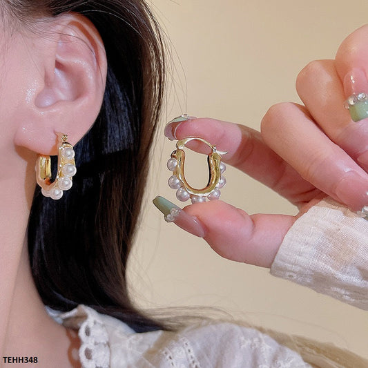 TEHH348 HJF Round Pearl Ear Hoops Pair