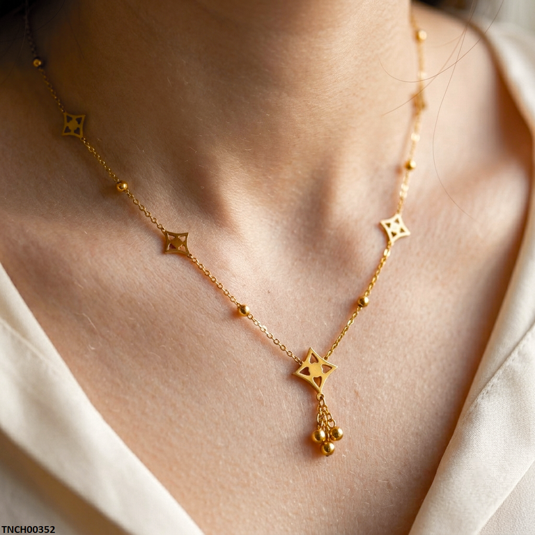 TNCH00352 QSJ Stainless Steel Star Round Drop Necklace - TNCH