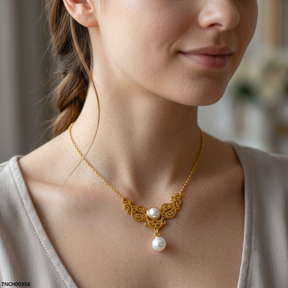 TNCH00356 QSJ Stainless Steel Pearl Drop Necklace - TNCH