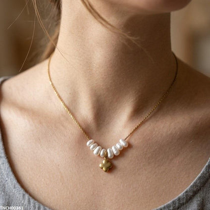 TNCH00361 MSJ Stainless Steel Pearl Flower Necklace - TNCH