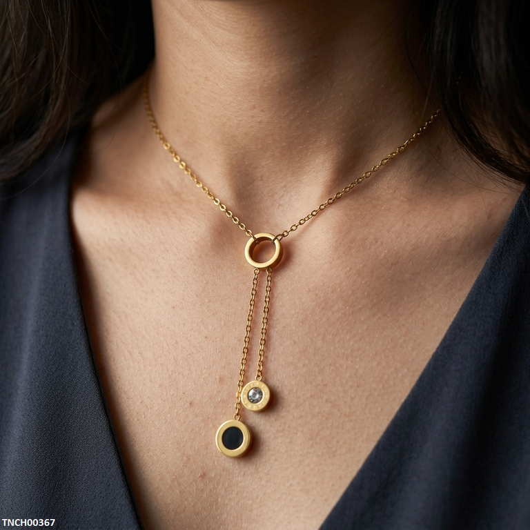 TNCH00367 MSJ Stainless Steel Three Round Drop Necklace - TNCH