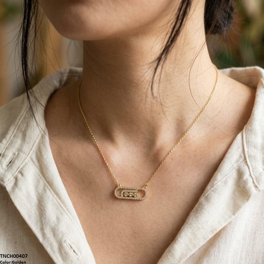 TNCH00407 TNR Stainless Steel Zircon Rectangle Round Necklace  - TNCH