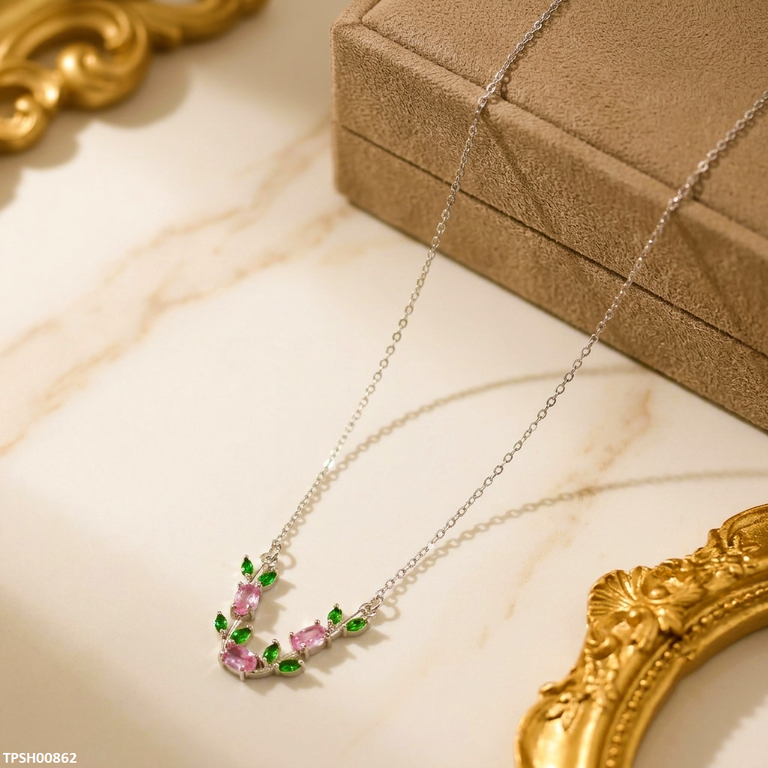 TPSH00862 MSJ Tulip Leaf Pink/Green Stone Pendant With Chain - TPSH
