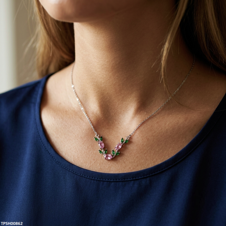 TPSH00862 MSJ Tulip Leaf Pink/Green Stone Pendant With Chain - TPSH