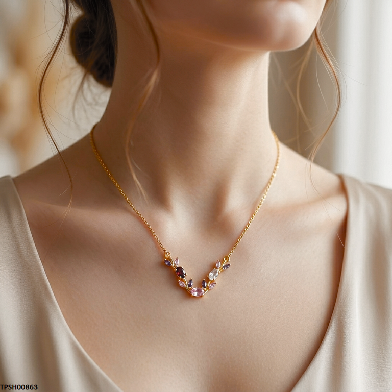 TPSH00863 MSJ Tulip Leaf Multi Stone Pendant With Chain - TPSH