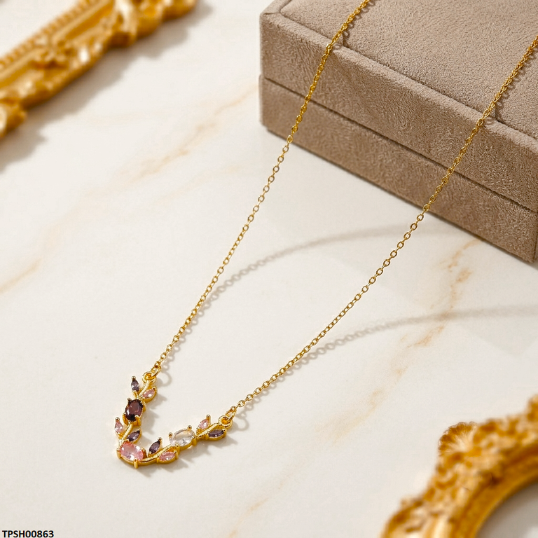 TPSH00863 MSJ Tulip Leaf Multi Stone Pendant With Chain - TPSH