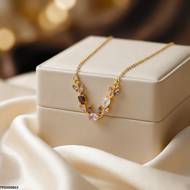 TPSH00863 MSJ Tulip Leaf Multi Stone Pendant With Chain - TPSH