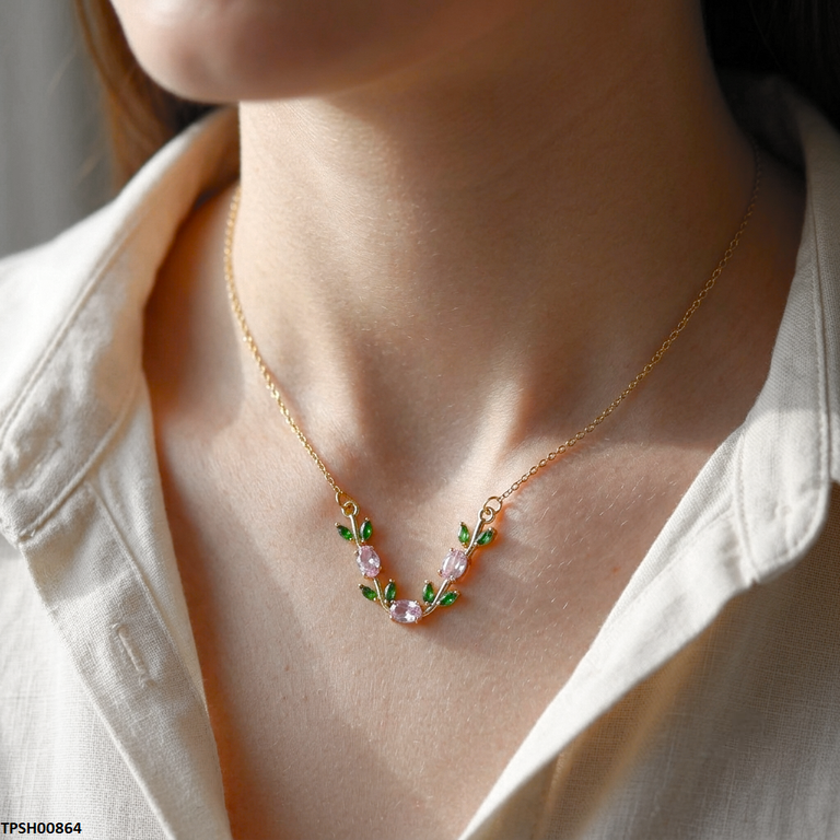 TPSH00864 MSJ Tulip Leaf Pink/Green Stone Pendant With Chain - TPSH