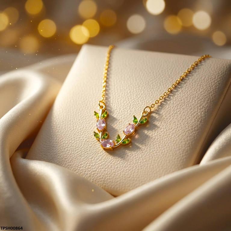 TPSH00864 MSJ Tulip Leaf Pink/Green Stone Pendant With Chain - TPSH