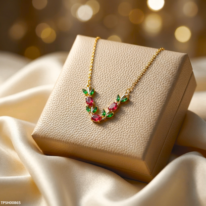 TPSH00865 MSJ  Tulip Leaf Red/Green Stone Pendant With Chain - TPSH