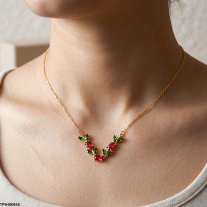 TPSH00865 MSJ  Tulip Leaf Red/Green Stone Pendant With Chain - TPSH